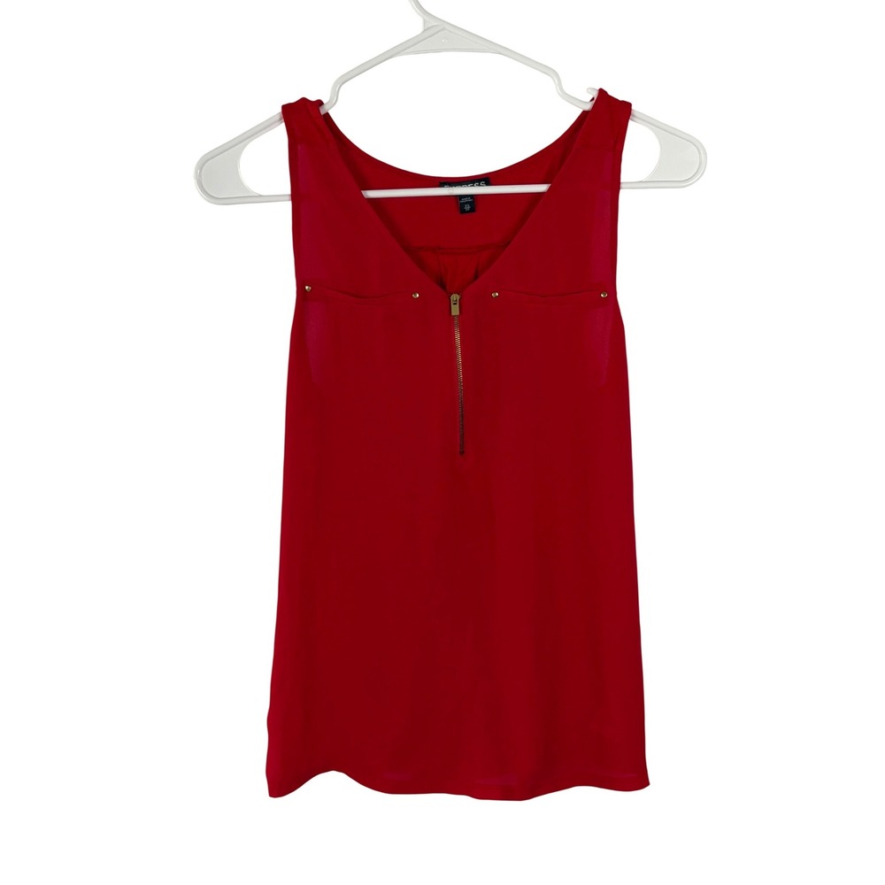 Express Red Sleeveless Half Zip V-Neck Blouse Gold Stud Pockets XS Tank